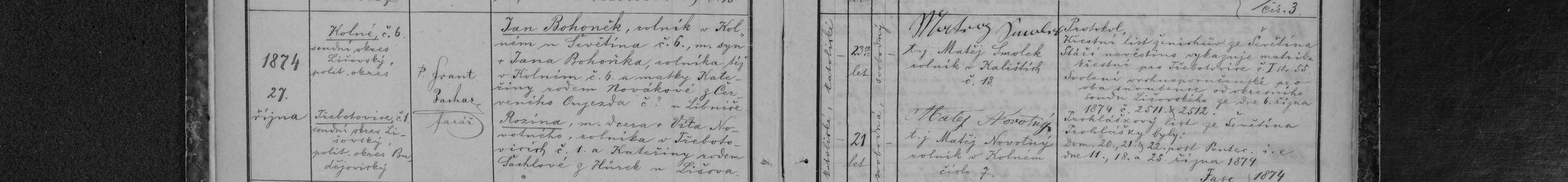 Sňatek Jana Bohoňka a Rozálie (Roziny) Novotné (1874)